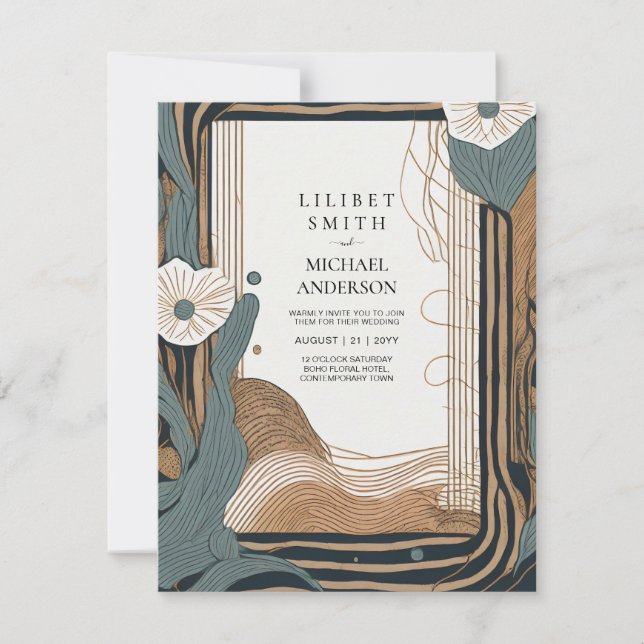 Invitation Mariage japonais scandinave Abstrait Brown Turquoi (Devant)