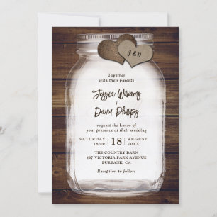 Invitation Mariage Jar Mason Burlap Coeurs Grange Bois