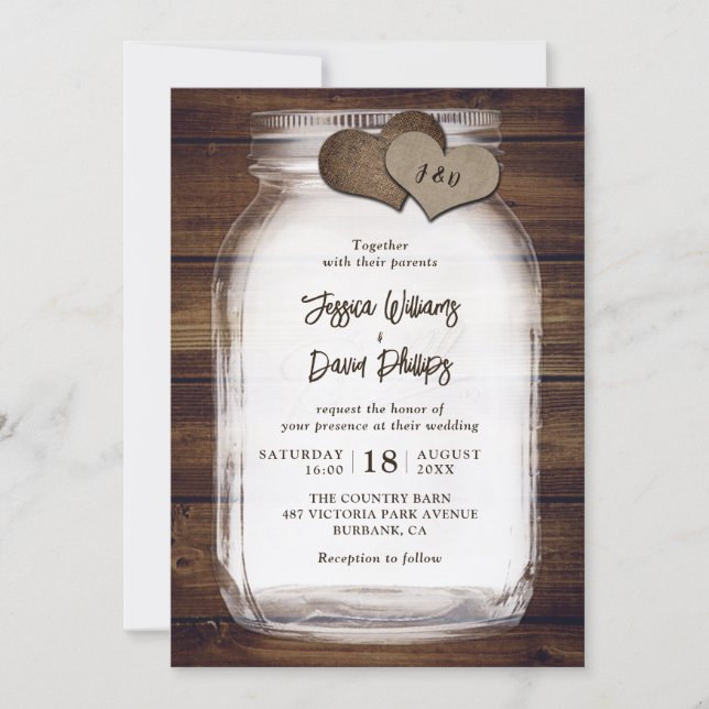 Invitation Mariage Jar Mason Burlap Coeurs Grange Bois (Devant)