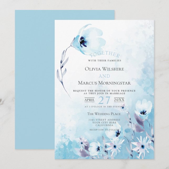 Invitation Mariage | Jardin d'anémone bleu pâle (Devant / Derrière)