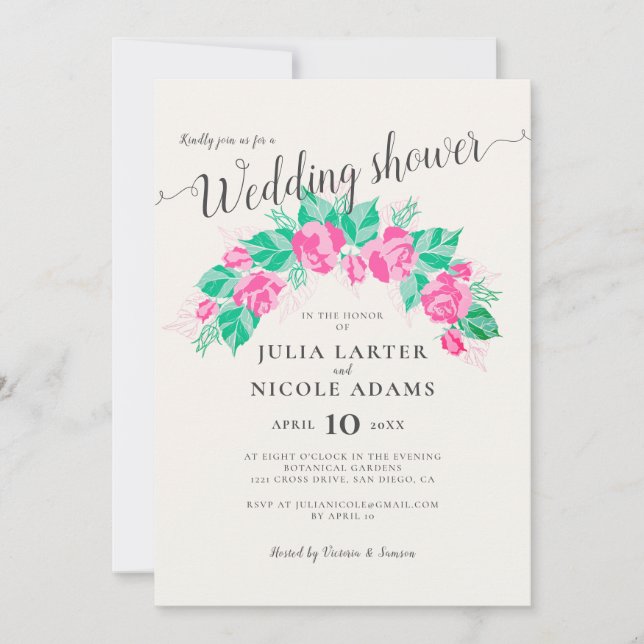 Invitation Mariage Jardin Fleurs Rose Vert Rose Fête de Maria (Devant)