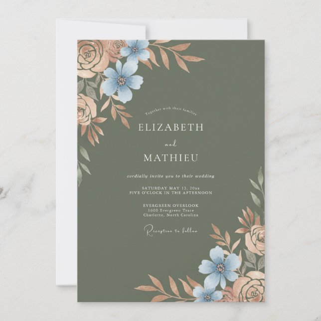 Invitation Mariage Jardin Olive Azur Fleur (Devant)