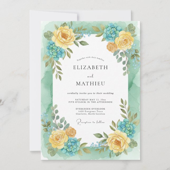 Invitation Mariage Jaune Aqua Paeonia (Devant)