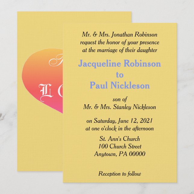 Invitation Mariage Jaune Bleu Doux de Coucher de Soleil  (Devant / Derrière)