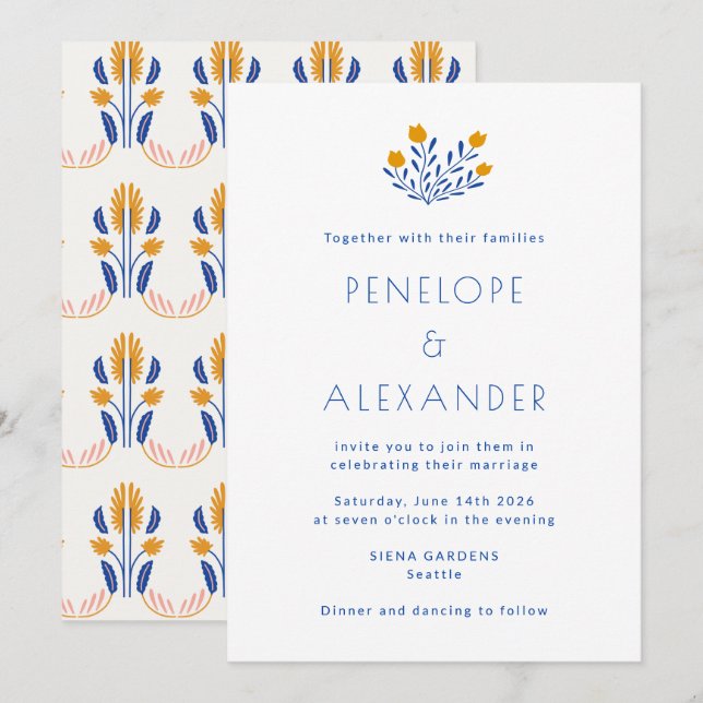 Invitation Mariage Jaune Bleu Folk Floral Moderne (Devant / Derrière)