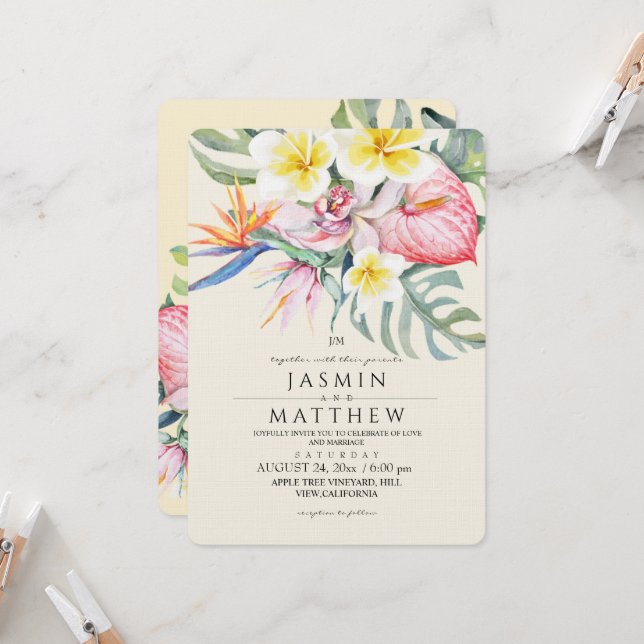 Invitation Mariage Jaune Botanique Floral Tropical (Devant/Arrière en situation)
