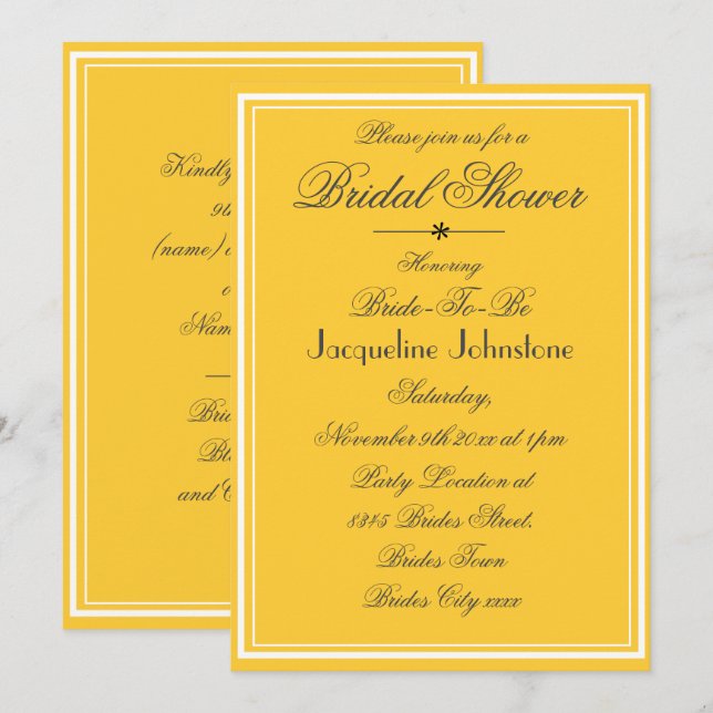 Invitation Mariage Jaune Clair Écriture Noire Fête de Mariée (Devant / Derrière)