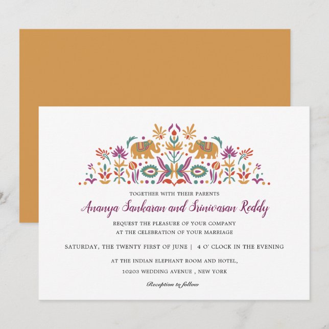 Invitation Mariage jaune de l'éléphant de fleur indien (Devant / Derrière)