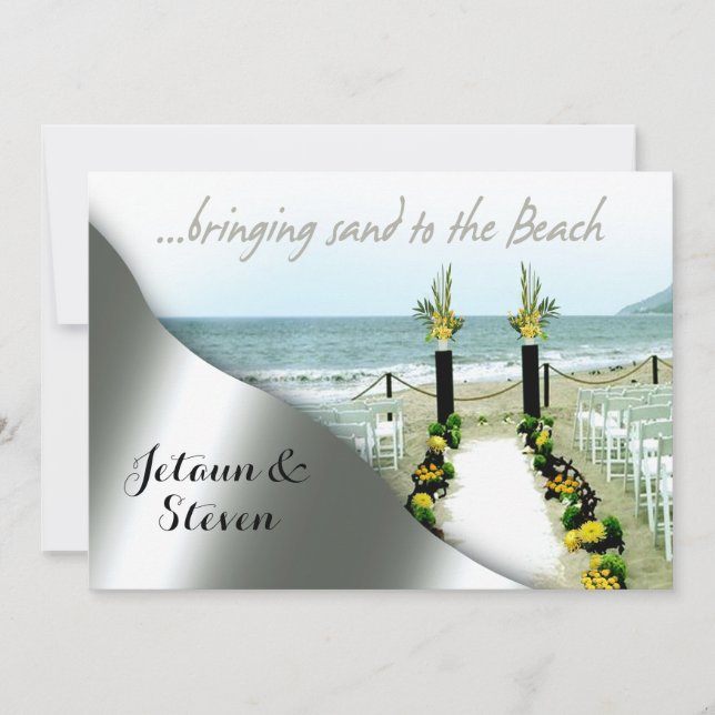 Invitation Mariage jaune et gris sur la plage (Devant)
