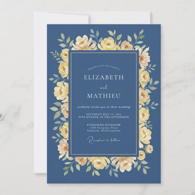 Invitation Mariage Jaune Éthéré Navy Fleur (Devant)