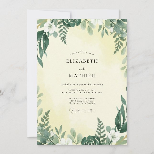 Invitation Mariage Jaune Fougère Olive (Devant)