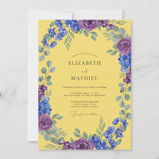 Invitation Mariage Jaune Indigo Améthyste Feuillu (Devant)