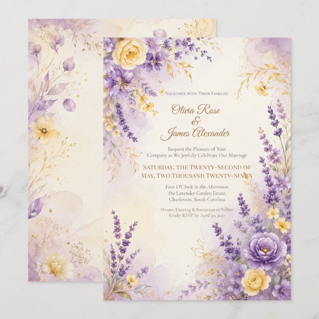 Invitation Mariage Jaune Lavande | Romance Violette (Devant / Derrière)