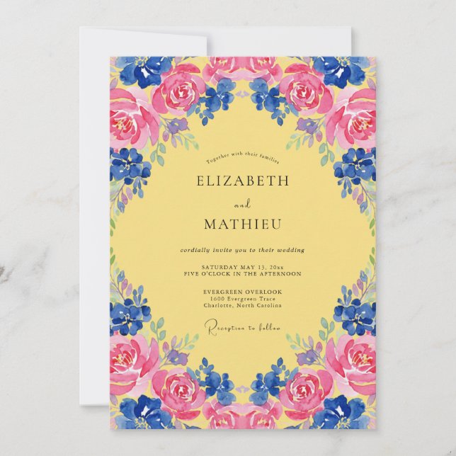 Invitation Mariage Jaune Magenta Cobalt Bloom (Devant)