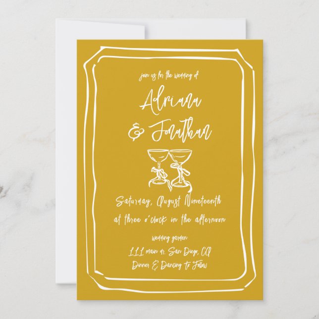 Invitation Mariage Jaune Moutarde Dessiné à la Main Moderne (Devant)