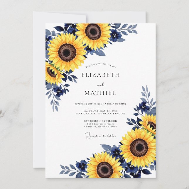 Invitation Mariage Jaune Navy Floral Automne (Devant)