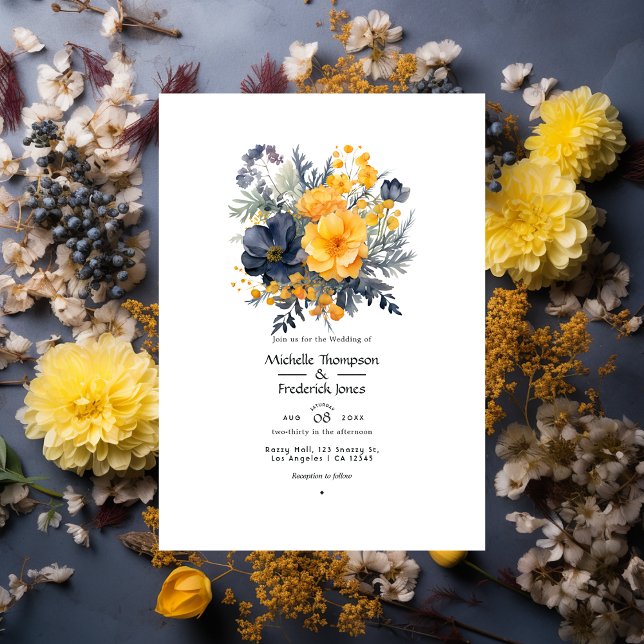 Invitation Mariage Jaune Souci, Bleu Marine et Gris Ardoise (Créateur téléchargé)