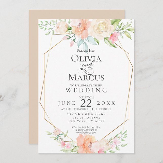 Invitation MARIAGE | Jolie aquarelle fleurs de printemps (Devant / Derrière)