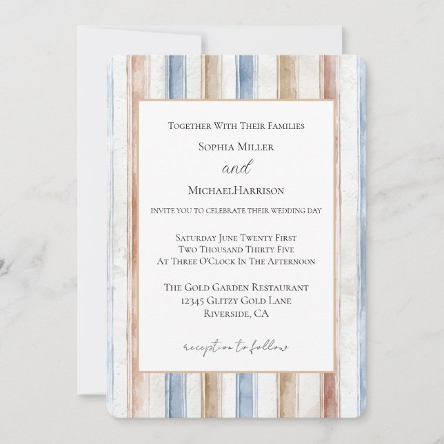 Invitation Mariage jolies rayures bleues crème bronzées (Devant)