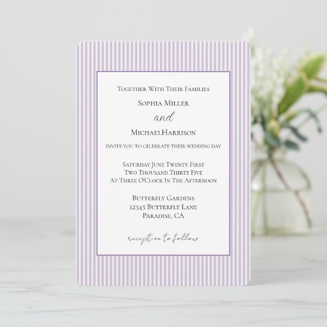 Invitation Mariage jolies rayures lavande blanc (Debout devant)