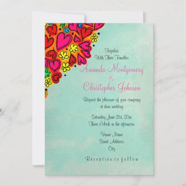 Invitation Mariage jolis coeurs et fleurs à croquis (Devant)