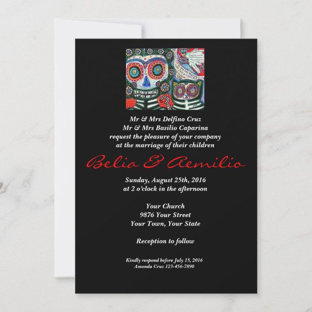 Invitation Mariage - Jour Des Morts - Femme Mexicaine & Chat (Devant)