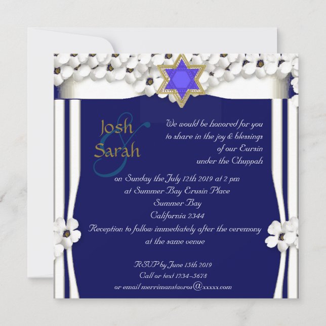 Invitation Mariage juif chuppah aux fleurs blanches (Devant)
