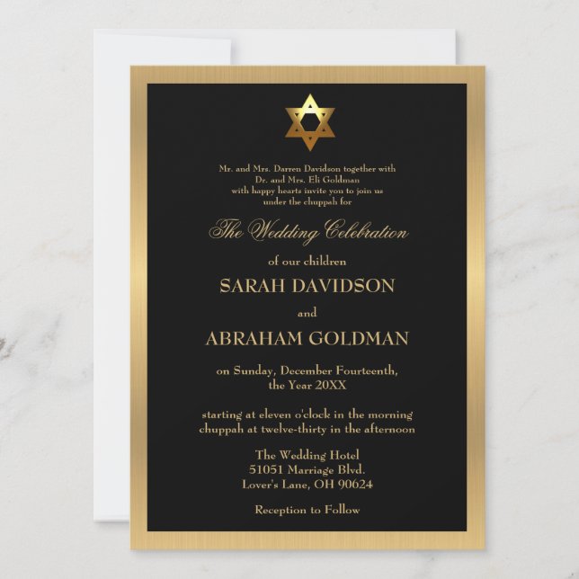 Invitation Mariage Juif Traditionnel Formel Or Noir (Devant)