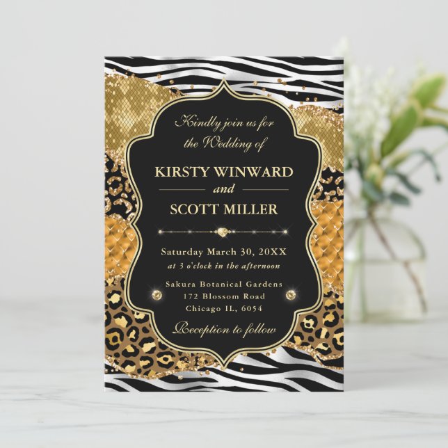 Invitation Mariage Jungle Safari Agate Or & Rayures de Zèbre (Debout devant)