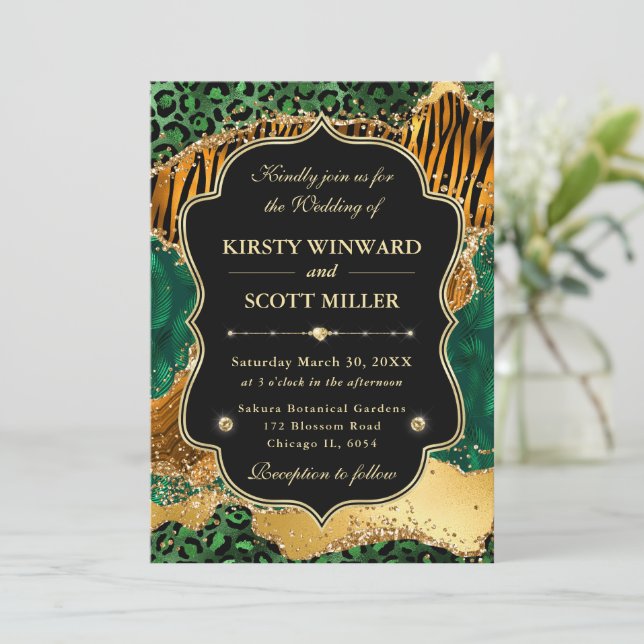 Invitation Mariage Jungle Safari Agate Vert & Accents Dorés (Debout devant)