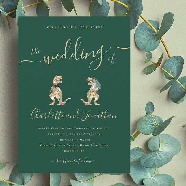 Invitation Mariage Jurassique de Dinosaures (T-Rex bride and groom funny dinosaur wedding dark green invitation fun T-Rex bride and groom dinos )