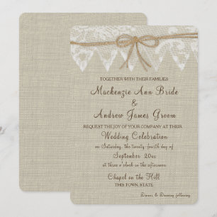Invitation Mariage juste de dentelle et de toile de jute de