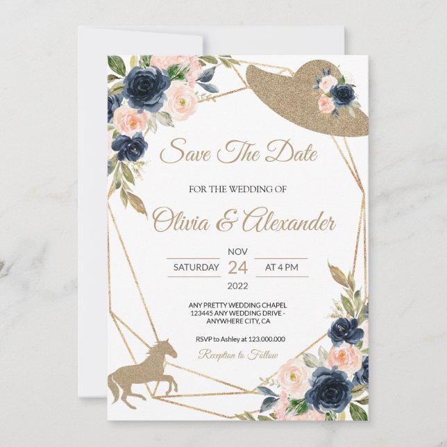 Invitation Mariage Kentucky Derby Blush & Navy Enregistrez La (Devant)