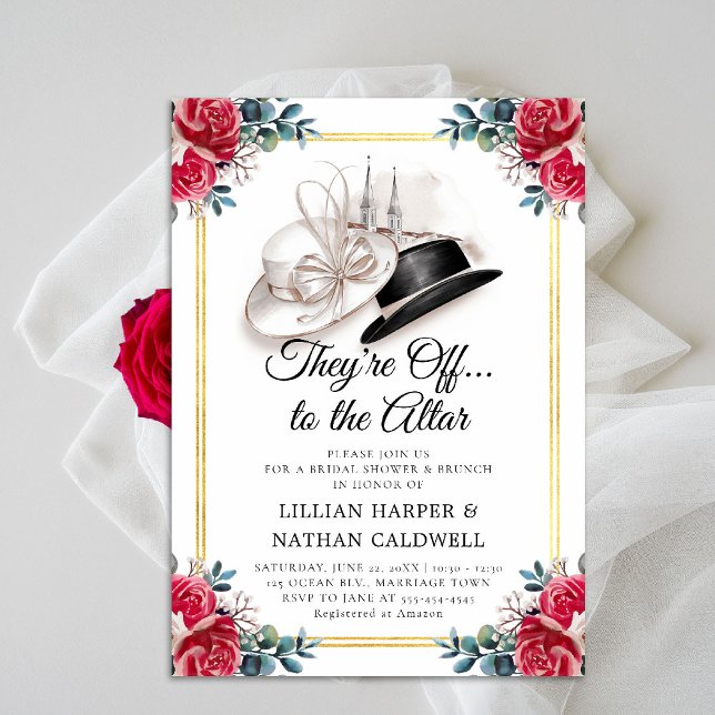 Invitation Mariage Kentucky Derby Fête des mariées double cad (kentucky derby bridal shower invitation red roses churchill spires horse racing theme faux gold)
