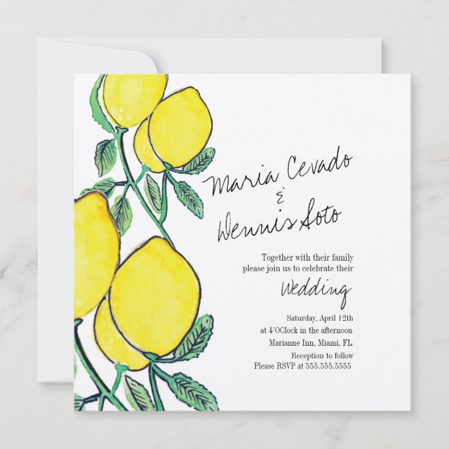 Invitation Mariage Kraft de citron à l'aquarelle écriture man (Devant)