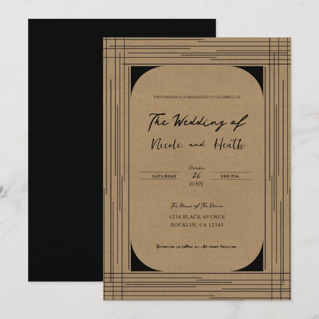Invitation Mariage Kraft Noir Lignes Modernes Minimales (Devant / Derrière)