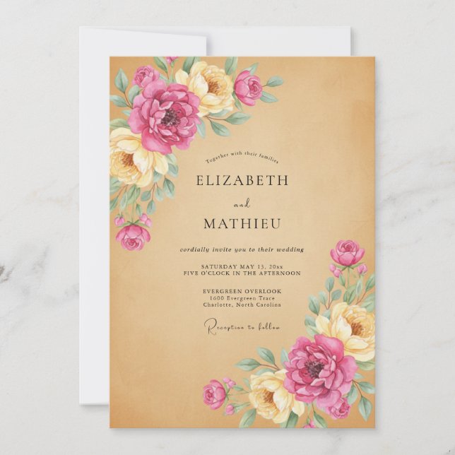 Invitation Mariage Kraft Paeonie Rose (Devant)