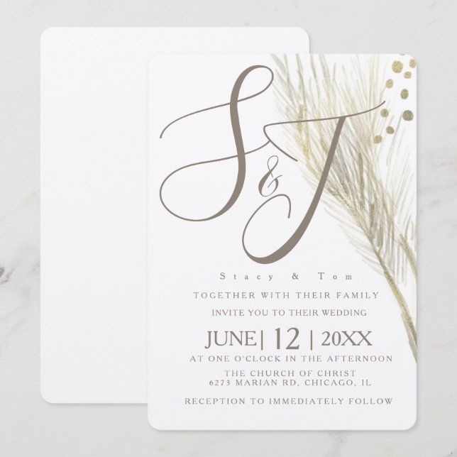 Invitation Mariage Kraft Pampas Feuille D'or Bohème (Devant / Derrière)
