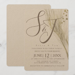 Invitation Mariage Kraft Pampas Feuille D'or Bohème