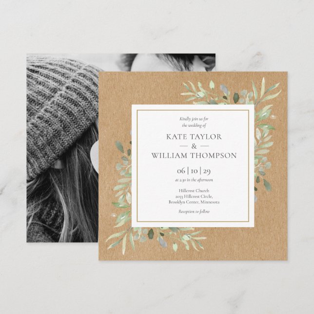 Invitation Mariage Kraft Rustique avec Photo de Verdure (Devant / Derrière)