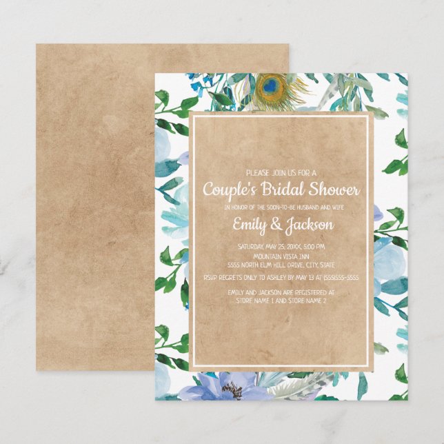 Invitation Mariage Kraft Rustique Bleu Blanc Floral Couple (Devant / Derrière)