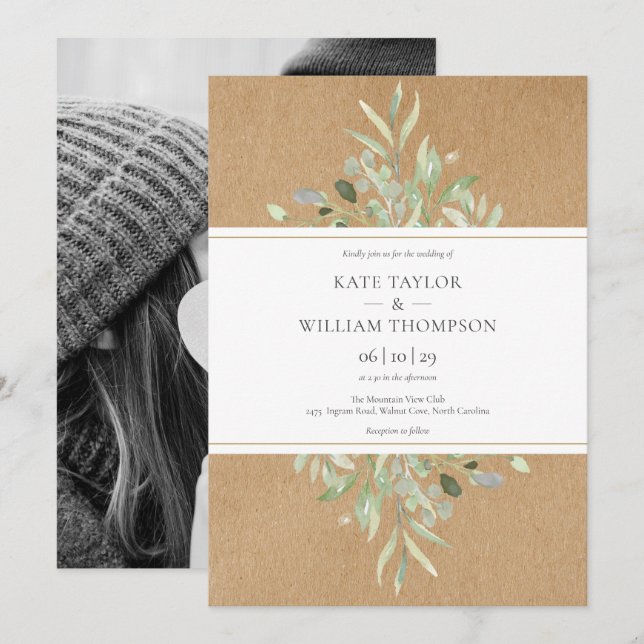 Invitation Mariage Kraft Rustique de verdure botanique Photo (Devant / Derrière)