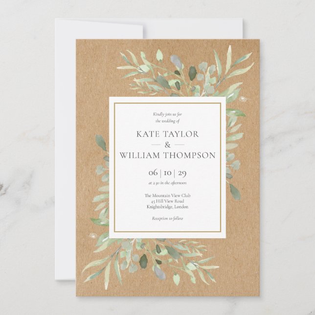 Invitation Mariage Kraft Rustique Feuillage Aquarelle (Devant)