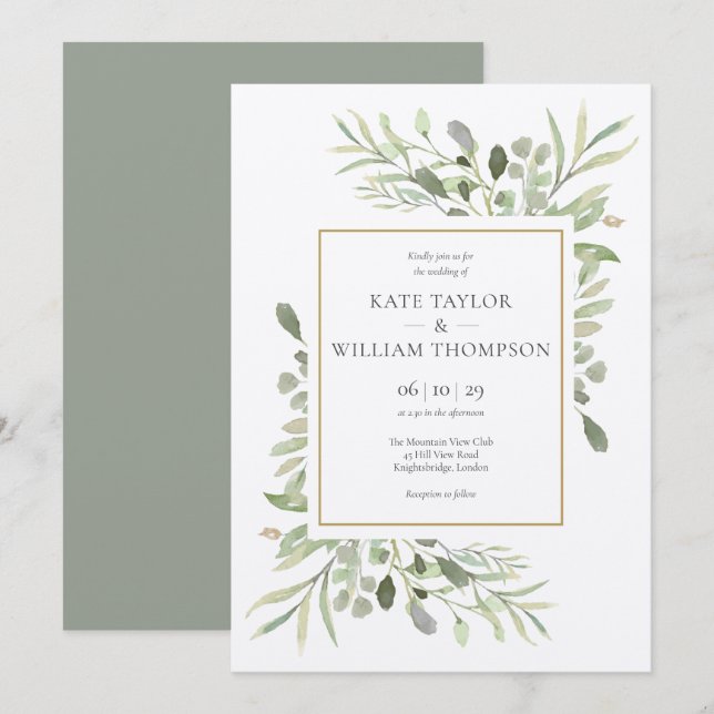 Invitation Mariage Kraft Rustique Feuillage Vert (Devant / Derrière)