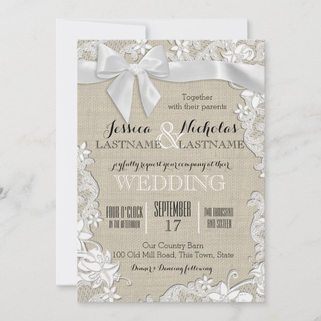 Invitation Mariage Lace et Bow Pays Rustique (Devant)