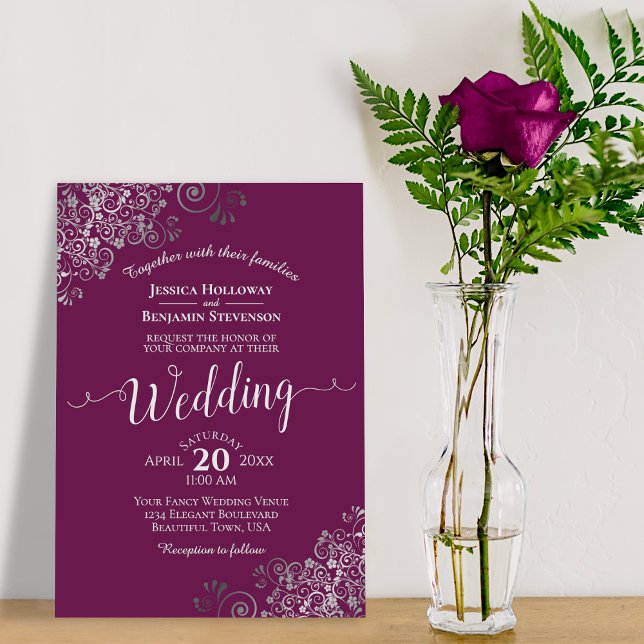 Invitation Mariage Lacy Silver Elegant Cassis Purple Magenta (Créateur téléchargé)