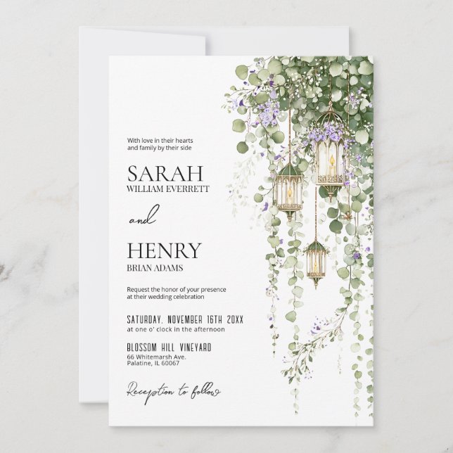 Invitation Mariage Lanterne Florale Vert Sauge Violet (Devant)