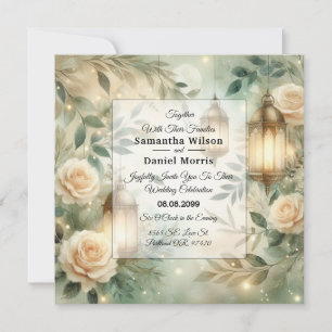 Invitation Mariage Lanterne Verte Sauge et Rose d'Ivoire