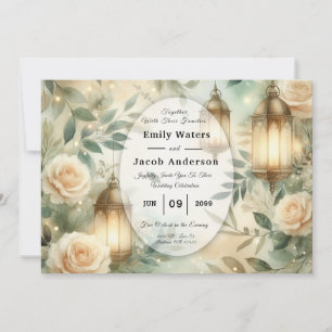 Invitation Mariage Lanterne Verte Sauge et Rose Ivoire