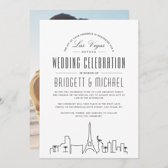 Invitation Mariage Las Vegas | Ligne Skyline Déco Moderne (Devant / Derrière)